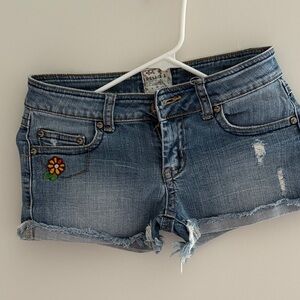 Mudd Blue Denim Shorts with Floral Embroidery